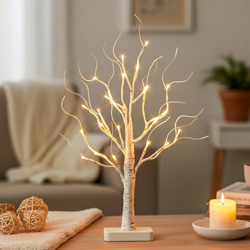 PABIPABI Lighted Birch Tree, 22'' Christmas Tree with 24 LED, Tabletop Centerpiece Artificial Tree Lights Battery Powered Timer for Home Office Bedroom Wedding by PABIPABI