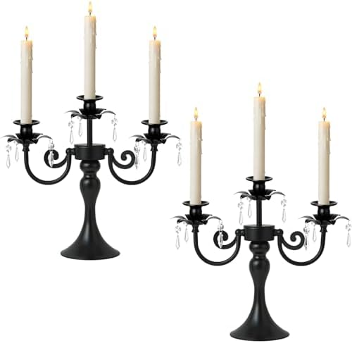 Metal 3 Arm Candelabra with Crystal Pendants - 11.8 Inch Tall Candle Holders, Set of 2 - Elegant Taper Candlestick Stand for Wedding, Dining Table, Christmas Party Home Decoration (2, Black) by kehail