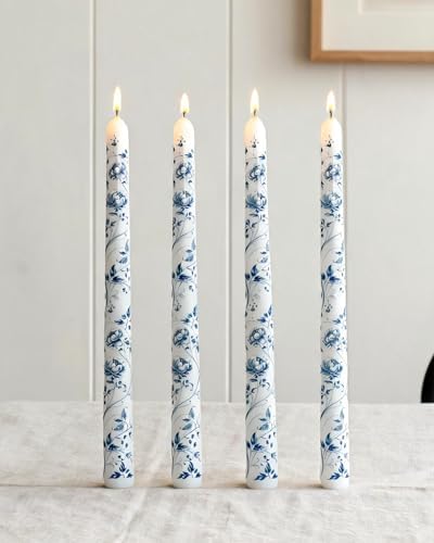 MAITREYA Chinoiserie Taper Candles Blue and White Chinoiserie Decor Candlesticks for Wedding Party Home Table Centerpiece Christmas Halloween Gifts-10Inch,4 Pcs,Peony by MAITREYA