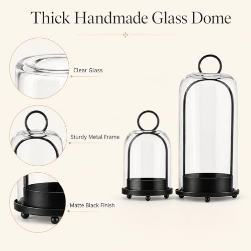Hurricane Glass Candle Holders in Antique Brass, 5" & 4" Wide Gold Vintage Metal Candlesticks Holders for Pillar Candle Lantern with Handmade Thick Glass Dome, Industrial, Modern Home Decor (Black) - Image 4