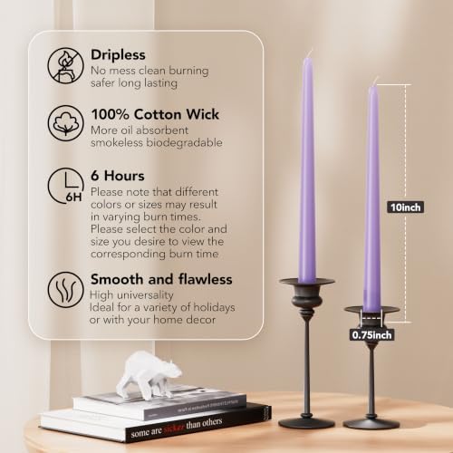 New Burning Formula Unscented Dripless 10-Inch Taper Candles Set of 12 - Lavender, for Wedding, Dinner - Smokeless, Long Burning - Hand Poured, Colored Tall Candlesticks - Lavanda - Image 2