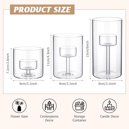 12 Set Hurricane Glass Candle Holders Pillar Votive Hand Blown Clear Cylinder Vase Modern Rustic Table Centerpieces Bulk 3 Sizes (2.8''/4.3''/6'' H) - Image 2