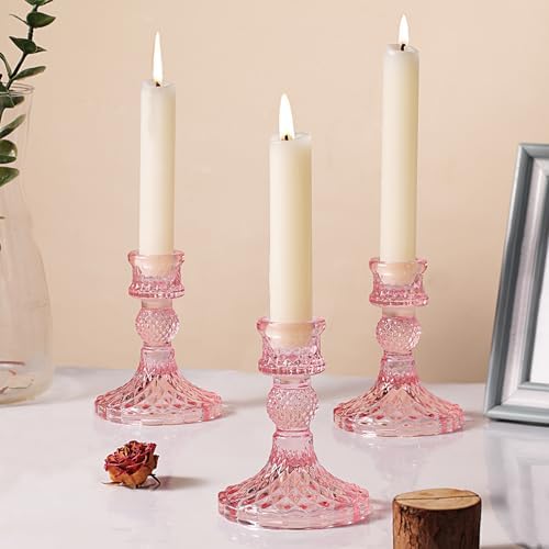 12Pcs Pink Candlestick Holders Set- 4" H Taper Candle Holders Bulk, Glass Candle Holders for Wedding, Party, Romantic Dinner Table Centerpieces, Festival Gifts & Windowsill Decor - Image 5