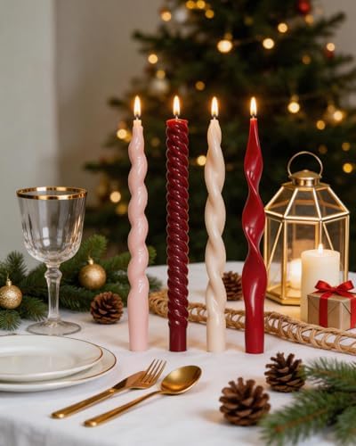 Red Taper Candles Spiral Candlesticks Unscented Smokeless Tall Candles for Christmas Wedding Holiday Dinner Party Home Decorative candles-10inch,4pcs - Image 3