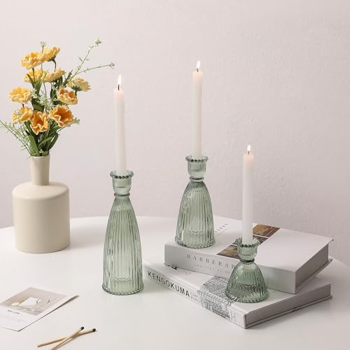 Vertical Stripe Candlestick Holders Set of 3, Premium Glass Candle Holders for Candlesticks and Taper Candles, Vintage Candle Holder Decor for Table Centerpiece, Green - Image 3