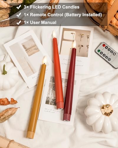 Stmarry Fall Flameless Taper Candles with Remote and Timer, 9.65 Inch Real Wax LED Candlesticks, Battery Operated Thanksgiving Candles with 3D Flickering Flame, Bordeaux, Terra Cotta & Caramel, 3 Pack - Image 4