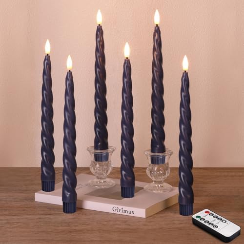 Navy Blue Spiral Flameless Taper Candles with Remote Set of 6 by Girimax