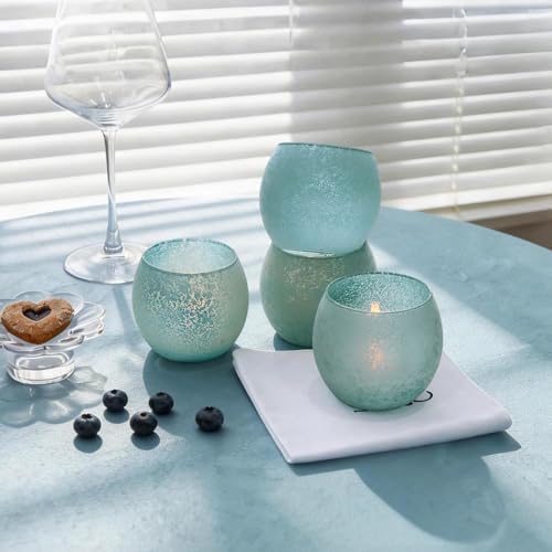Blue Glass Candle Holders Set of 4, Vintage Frosted Ocean Blue Votive Candle Holders for Easter Decorations, Coastal Tealight Candle Holders for Wedding Centerpiece, Serene Blue Decor for Home Office - Image 4
