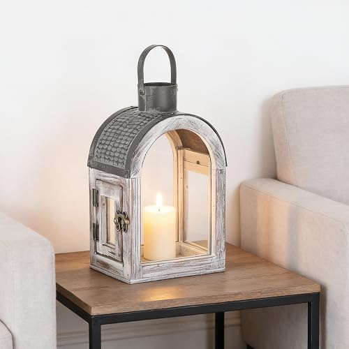 11" High Farmhouse Decorative Lanterns, Glass and Metal, Distressed White Wood Finish, Vintage Black Metal Top, Indoor Outdoor Candle Holders (Rustic White, 6"x4.4") - Image 3