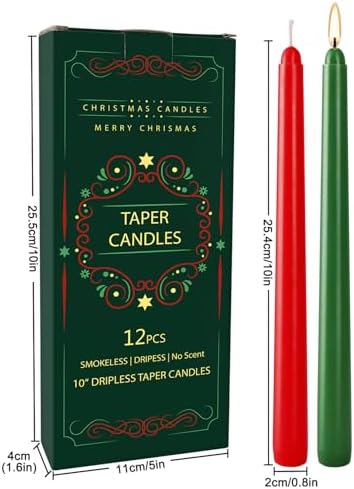 12-Pack 10-Inch Green & Red Christmas Taper Candles - Perfect for Holiday Decorations and Parties - Image 4