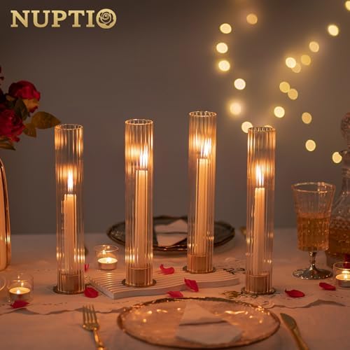 NUPTIO Hurricane Glass Candle Holders, Set of 18 Gold Taper Candle Holders - Image 6