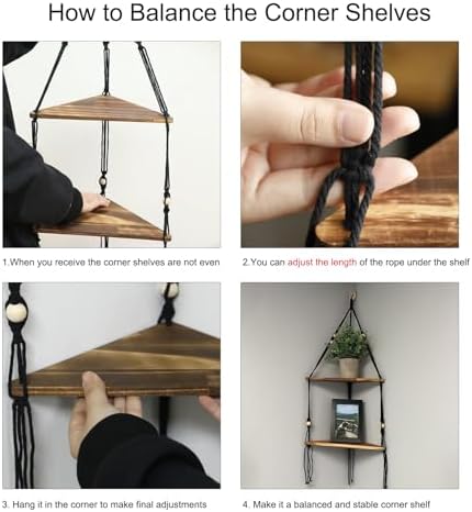 Artilady Corner Shelf Macrame Wall Hanging Balck, Boho Wood Storage Decor - Image 4