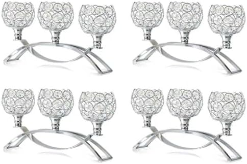 Crystal Tealight Candle Holder Centerpiece Home Decorative Candlestick Holder Elegant Table Centerpiece Home Decor Wedding Party Anniversary (Silver, 3 Arm of 4 Pcs) by KOLNLALA