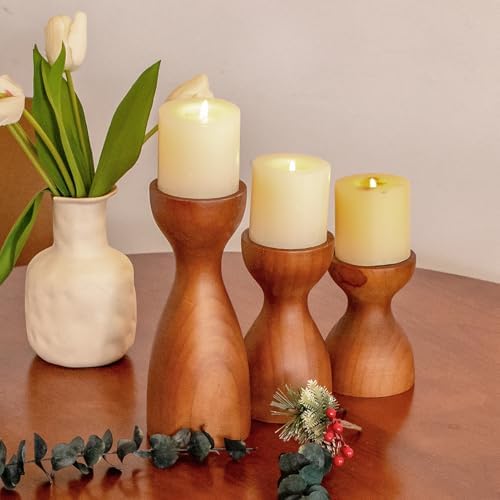 Set of 3 Farmhouse Wooden Candle Holders for Pillar Candles , Brown Rustic Wood Pillar Candle Stands Table Centerpiece Decor for Fireplace, Living, and Dining Room - Image 6