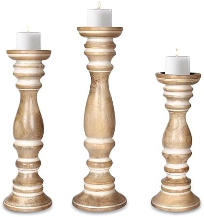 Rustic Farmhouse Wood Pillar Candle Holder Set of 3- Vintage Tall Candle Stands for Table Centerpiece, Decorative Candle Holder for Dining Room, Fireplace, Living Room - Size: 16", 14", 12" White Wash by Lightnpro
