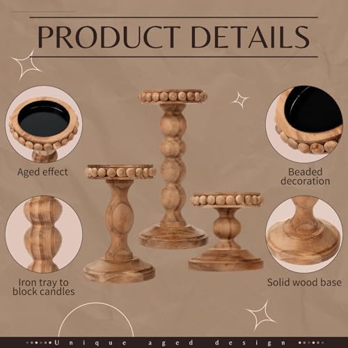 Mumufy 3 Set Wooden Candle Holders for Pillar Candles, Pine Brown, Small - Image 4