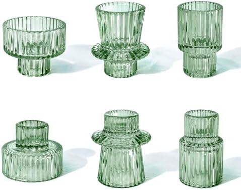 Candlestick Holders Set of 6, Ribbed Glass Taper Candle Holders, Reversible Green Tealight & Candle Stick Candle Holder Vintage Crystal Tapered Candlestick for Wedding Dinner Party Festival by Toptime