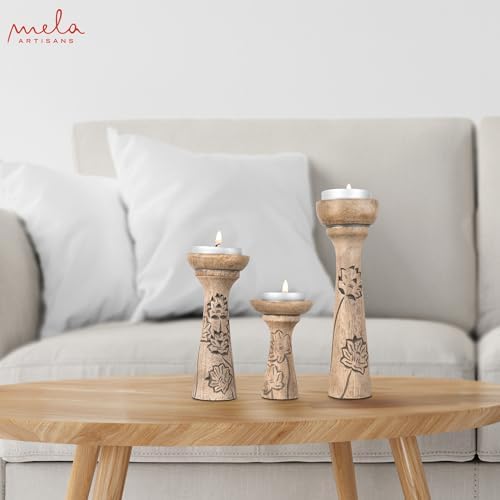 Mela Artisans Lotus Vine Wood Candle Holders - Natural Grey, Set of 3 - Image 5