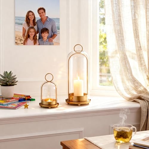 Hurricane Glass Candle Holders for Pillar Candles Set of 2 (5" & 4" Wide), Gold Metal Candlestick Holders, Modern Decorative Centerpiece Lanterns for Table Mantel Wedding Housewarming Gift - Image 6
