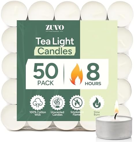 Zuvo Tea Lights Candles 8 Hour Burn (50 Pack) - Unscented White Tealight Candles, Long Burning Smokeless Tea Lights for Weddings, Home, Shabbat, Emergency - European Made, Lead-Free Cotton Wick by Zuvo