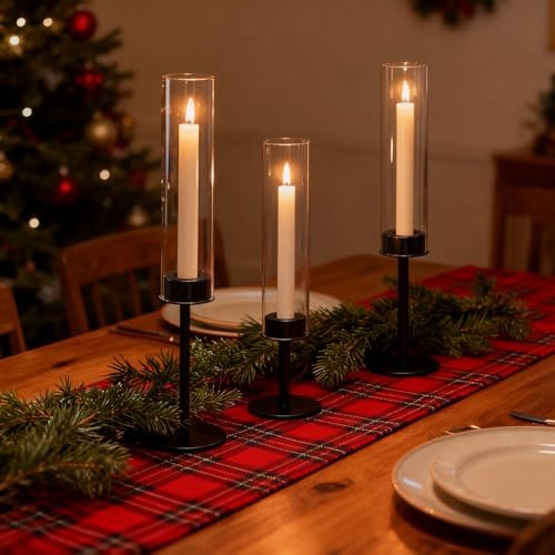 Black Hurricane Glass Candle Holders Set of 3 Tall Taper Candlestick Holder by Batoslee