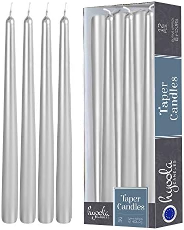 Hyoola 12 Pack Tall Metallic Taper Candles - 10 Inch Silver Metallic, Dripless, Unscented Dinner Candle - Paraffin Wax with Cotton Wicks by Hyoola