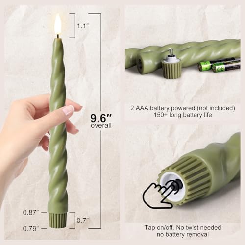 Sage Green Spiral Flameless Taper Candles with Remote Set of 6 - Image 2