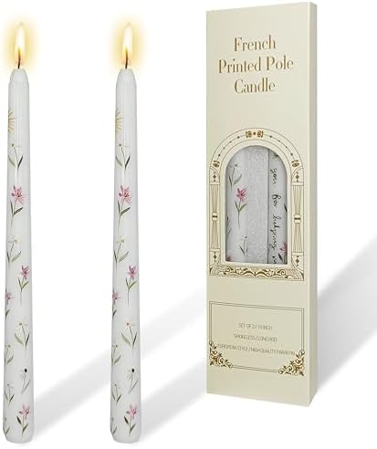 2 Pack White Iris Printed Taper Candles - Floral Decoration Candle 10 Inch Tall Candlestick Smokeless Ideal for Weddings Home Party Holiday Dinner by YUKCAXDLS