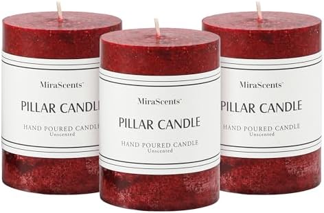 3x4 Inch Burgundy Pillar Candles Set of 3, Unscented Red Pillar Candle by MiraScents