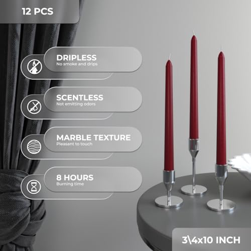 CANDWAX 10 inch Burgundy Taper Candles Set of 12 - Unscented Dripless Burgundy Candlesticks - Christmas Taper Candles with Burning Time up to 8 Hours - Christmas Candle Sticks - Image 3