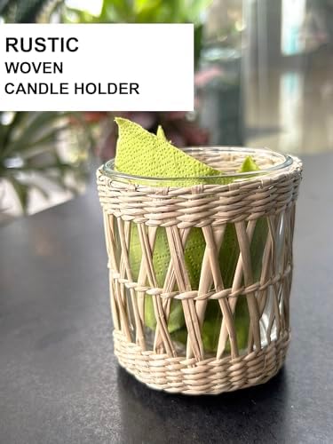 Wicker Rattan Woven Tea Light Candle Holder Set of 2, Handcraft Woven Votive Candle Holder, Rustic Vintage Seagrass Glass Votive Candle Holders for Dining Table Christmas Decoration - Image 3