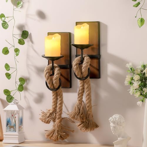 Wall Sconce Candle Holder Black Wall-Mount Metal and Wooden Candle Holders Hanging Iron Wall Candle Sconce Holder with Hemp Rope Decoration, for Home, Living Room, Bathroom, Dining Room, Set of 2 by Aimto