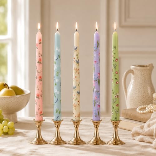 NJAO HOO Flower Candlesticks 10 in Straight Taper Candles Hand Printing Colored Candlesticks Floral Tall Tapered Candle for Spring Home Garden Decor Simple Modern, 5Pcs by NJAOHOO