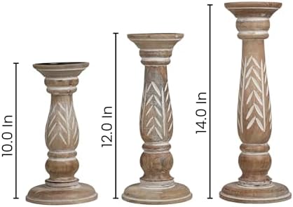 Set of 3 White Wash Farmhouse Wood Pillar Candle Holders - Handcrafted Rustic Tall Candle Holders for Home Decor, Centerpieces, Weddings, and Events - Heights: 14", 12", 10" - Image 3