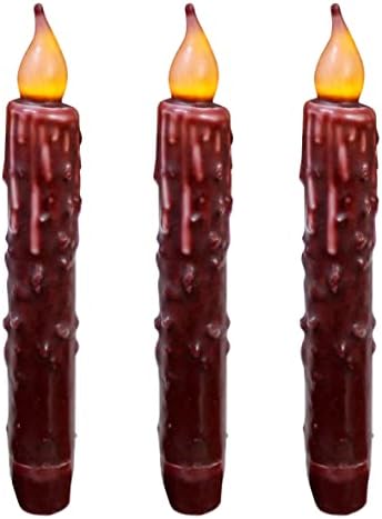 CVHOMEDECO. Real Wax Hand Dipped Battery Operated LED Timer Taper Candles Country Primitive Flameless Lights Décor, 6-3/4 Inch, Burgundy, 3 PCS in a Package by CVHOMEDECO