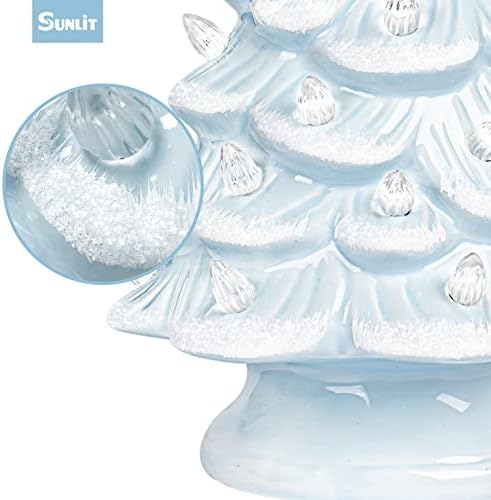 Sunlit Cordless Lighted Ceramic Christmas Tree Vintage Tabletop Christmas Decoration Pre-Lit Colorful Mini Light Bulbs 13" Traditional AA Battery Operated LED - White and Light Blue - Image 5