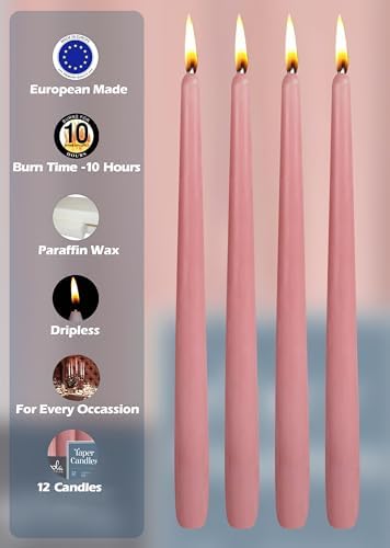 Hyoola 12 Pack Tall Taper Candles - 12 Inch Rose Pink Dripless, Unscented Dinner Candle - Paraffin Wax with Cotton Wicks - 10 Hour Burn Time - Image 3