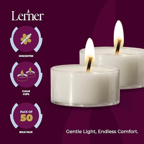 Lerner Clear Tea Lights Candles Bulk - 4.5 Hour Clear Cup Tealight 100 Pack - Consistent Smkless Clean Burning - Holiday, Wedding, Spa, Emergency and Home Decoration Candles - Image 6
