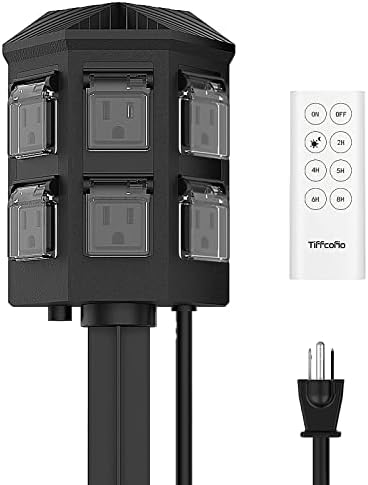 Outdoor Power Stake Timer, 100FT Remote Control, Dusk to Dawn Christmas Light Timer, 6FT Extension Cord Waterproof, 6 Grounded Outlets for Outdoor Christmas Decorations, ETL Listed by TiFFCOFiO