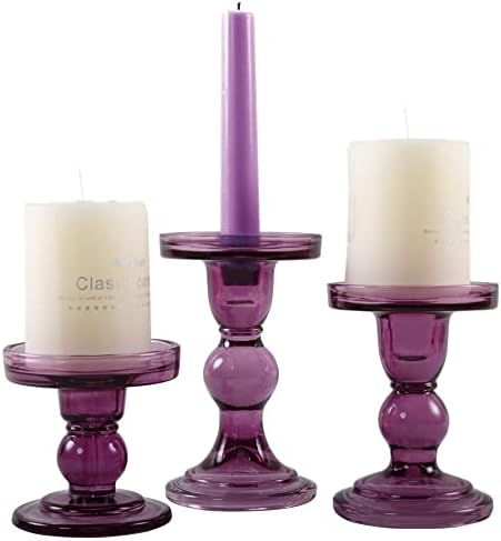 GMWD 3 Pcs Glass Candle Holder Set Clear, Purple Candlesticks Holders Pillar Taper Candles Tealight Stand for Wedding Centerpieces Home Decorations Dining Table by GMWD
