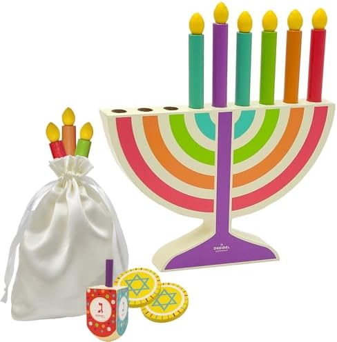 Mini Multicolor Hanukkah Menorah, 2-Pack 5" Inch Children Wooden Chanukah Menorah Set with Removable Wooden Candles, 3" Inch Dreidel, and Gelt Coins - Image 5