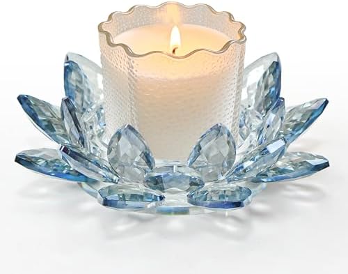 Large Crystal Lotus Tealight Candle Holder for Up to 6" Diameter Pillar Candlestick, Chunky Glass Votive Stand for Wedding, Party, Table Centerpiece Decor and Yoga Meditation (1, Blue) by KOLNLALA