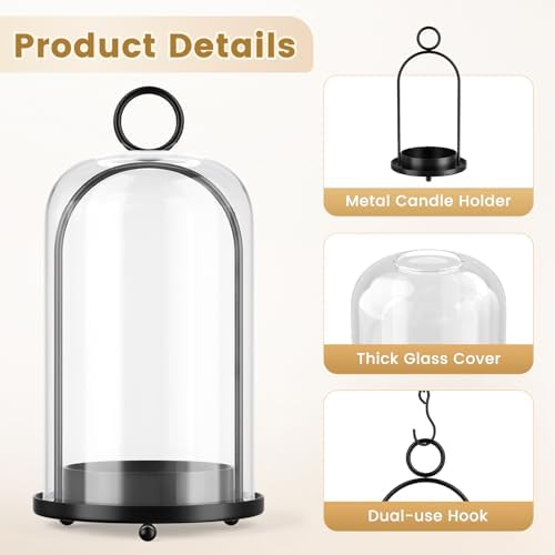 Metal Candle Holder, 5"&4" Wide Hurricane Glass Candle Holders with Handmade Glass Dome, Hanging Candle Lantern for Pillar Candles, Table Coffee Decor, Interior Decoration (Not Included Candles) - Image 3