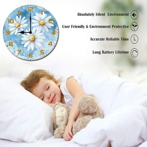 Chamomile Flowers Daisies Wooden Silent Non-Ticking 10 Inch Round Clocks Battery Operated Analog for Living Room Kitchen Bedroom Bathroom Office Home School Decor