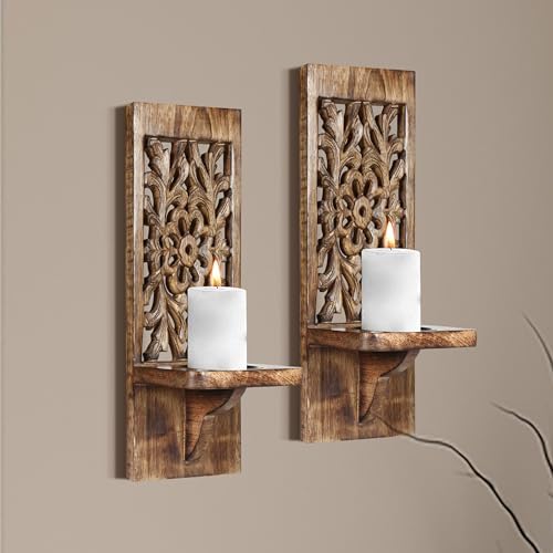 Wall Mounted Candle Sconces Set of 2 - Decorative Hand-Carved Wooden Candle Holders, Farmhouse Style, Perfect for Living Room, Bedroom & Kitchen Wall Décor - 16 Inch - Burnt Antique - Image 3
