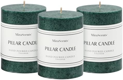 3x4 Inch Green Pillar Candles Set of 3,Unscented Hand-Poured Pillar Candle by MiraScents