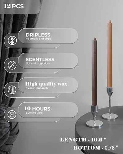Brown Tapered Candlesticks Taper Candles Smokeless Unscented Long Burning-Hand Poured,Colored for Home Decor Wedding, Dinner-10.6inch,Set of 12 - Image 4
