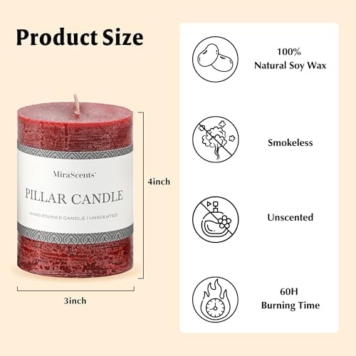 3x4 Inch Burgundy Pillar Candles Set of 3 - Hand-Poured Unscented Candles, Long Clean Burning, Dark Red Pillar Candle, Smokeless Dripless Candle for Dinner Table, Wedding, Home, Rustic Decor - Image 6