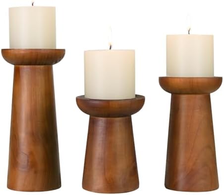 Pillar Candle Holders Set of 3， Wooden Candle Holders， Decorative Wood Candlestick Holders for Living Room, Table Centerpiece for Wedding, Christmas, Party, Home - 6", 8", 10" by CEDARLUX