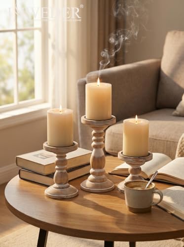 Wood Pillar Candle Holder: Rustic Distressed White Candle Stand - Image 5